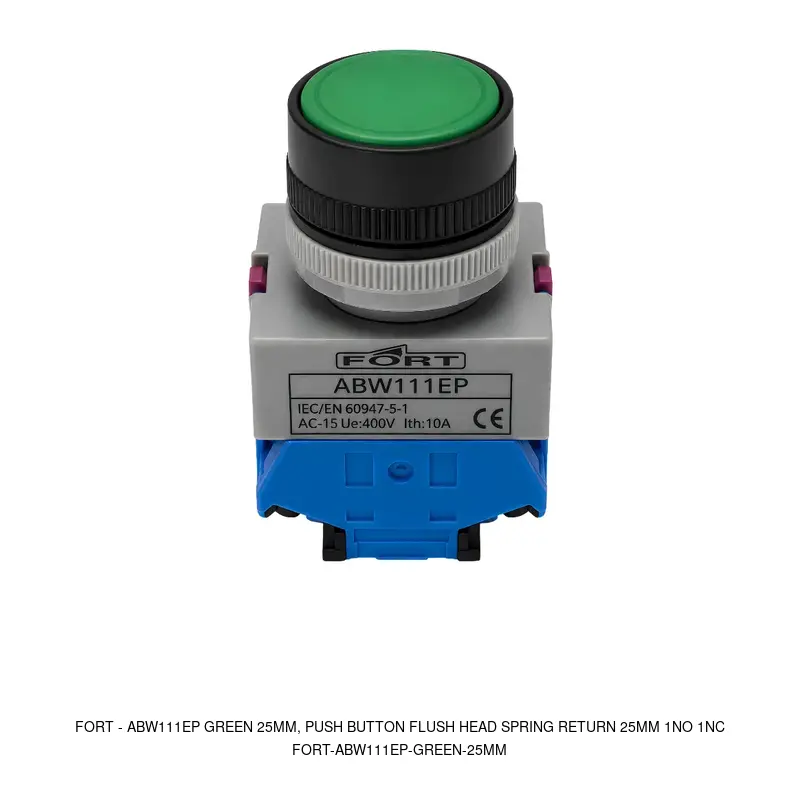 Fort ABW111EP GREEN 25MM, PUSH BUTTON FLUSH HEAD SPRING RETURN 25MM 1NO 1NC