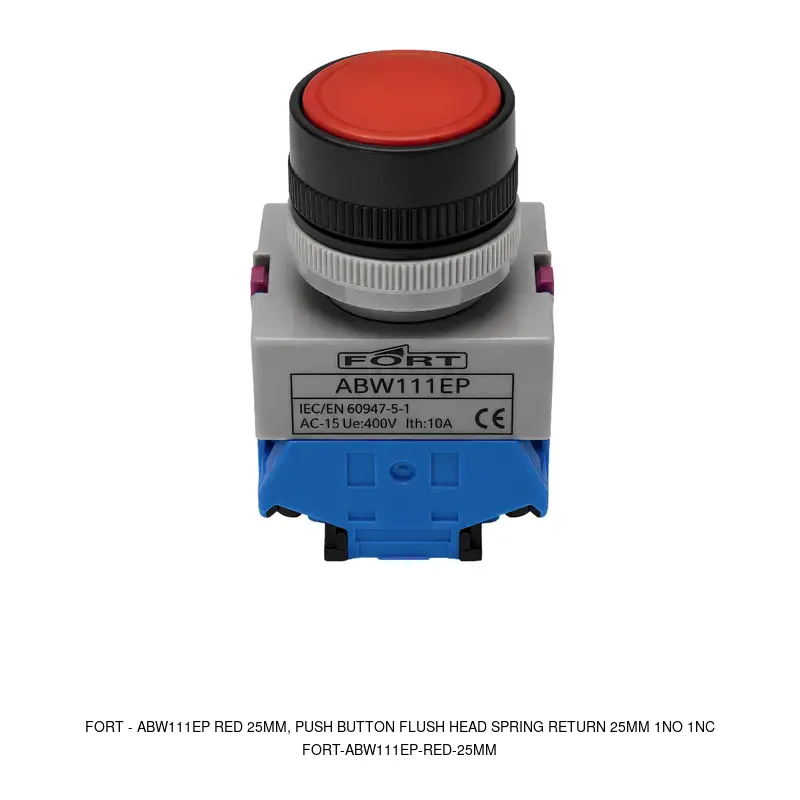 Fort ABW111EP RED 25MM, PUSH BUTTON FLUSH HEAD SPRING RETURN 25MM 1NO 1NC