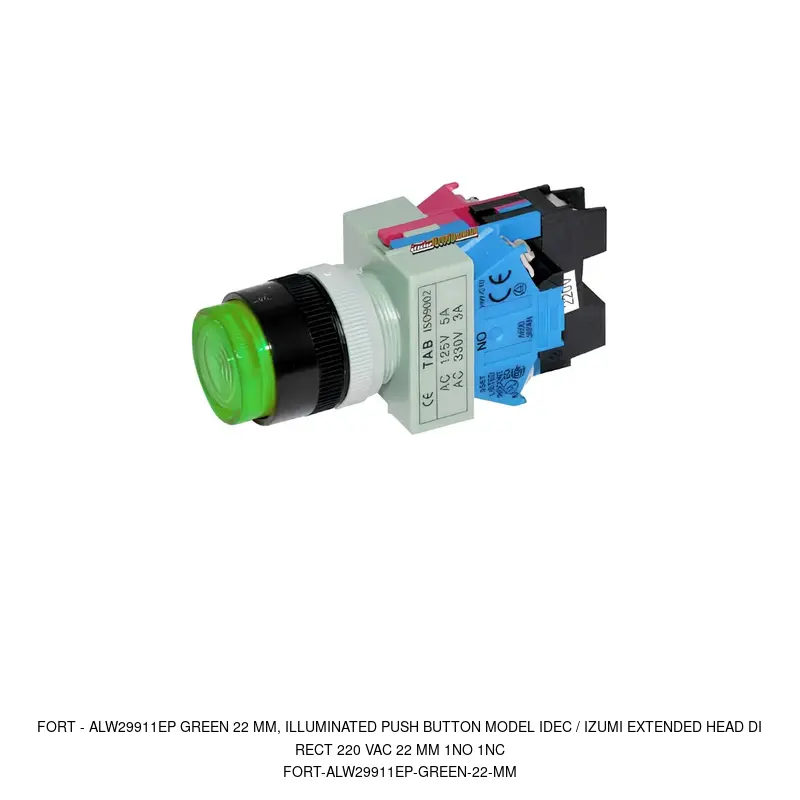 Fort ALW29911EP GREEN 22 MM, ILLUMINATED PUSH BUTTON MODEL IDEC / IZUMI EXTENDED HEAD DIRECT 220 VAC 22 MM 1NO 1NC