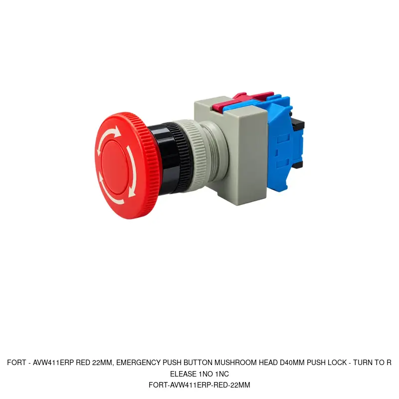 Fort AVW411ERP RED 22MM, EMERGENCY PUSH BUTTON MUSHROOM HEAD D40MM PUSH LOCK - TURN TO RELEASE 1NO 1NC