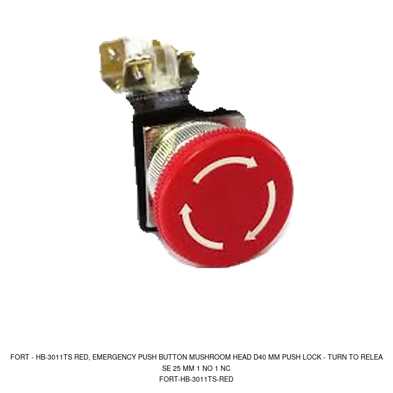 Fort HB-3011TS RED, EMERGENCY PUSH BUTTON MUSHROOM HEAD D40 MM PUSH LOCK - TURN TO RELEASE 25 MM 1 NO 1 NC
