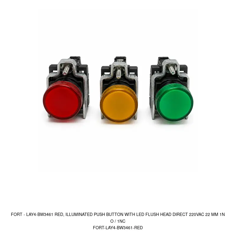 Fort LAY4-BW3461 RED, ILLUMINATED PUSH BUTTON WITH LED FLUSH HEAD DIRECT 220VAC 22 MM 1NO / 1NC