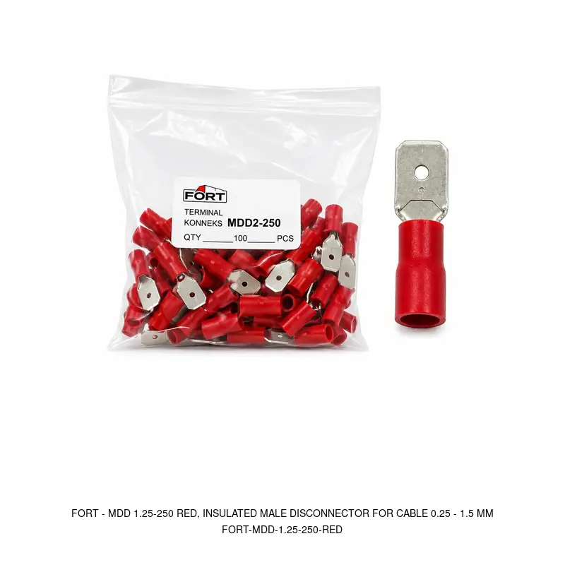 Fort MDD 1.25-250 RED, INSULATED MALE DISCONNECTOR FOR CABLE 0.25 - 1.5 MM