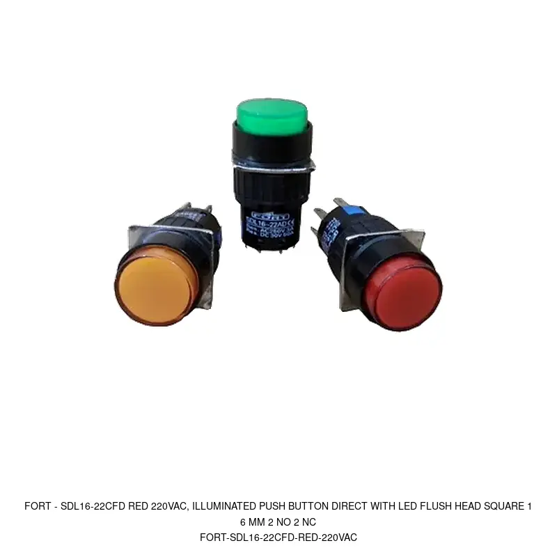 Fort SDL16-22CFD RED 220VAC, ILLUMINATED PUSH BUTTON DIRECT WITH LED FLUSH HEAD SQUARE 16 MM 2 NO 2 NC