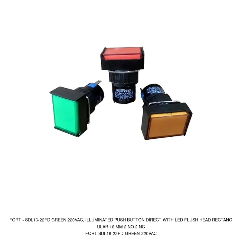 Fort SDL16-22FD GREEN 220VAC, ILLUMINATED PUSH BUTTON DIRECT WITH LED FLUSH HEAD RECTANGULAR 16 MM 2 NO 2 NC