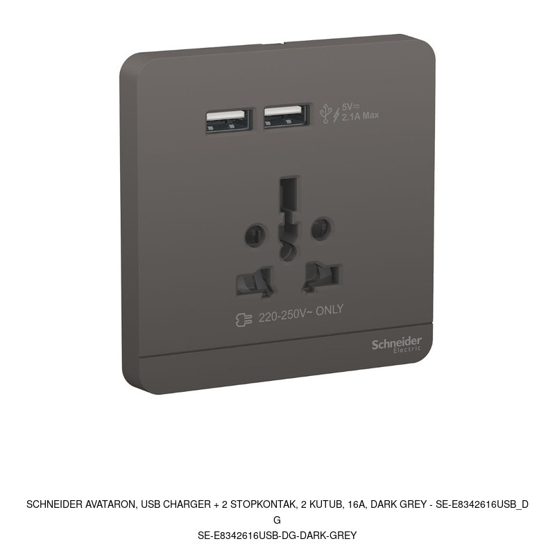 Schneider Electric AvatarOn, USB charger + 2 stopkontak, 2 kutub, 16A, dark grey