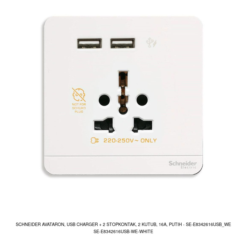 Schneider Electric AvatarOn, USB charger + 2 stopkontak, 2 kutub, 16A, putih