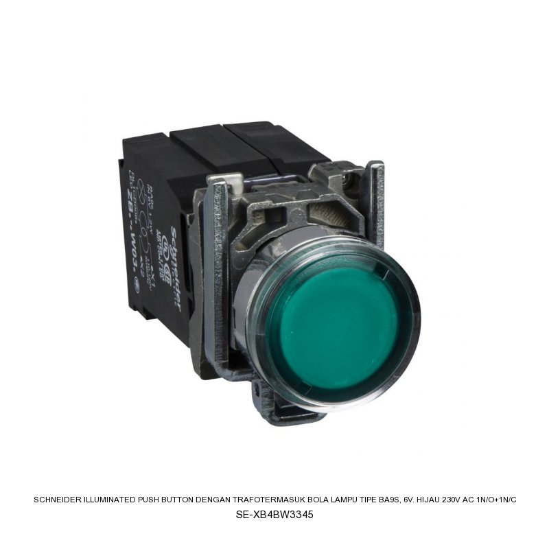Schneider Electric ILLUMINATED PUSH BUTTON Dengan Trafotermasuk bola lampu tipe BA9s, 6V. HIJAU 230V AC 1N/O+1N/C