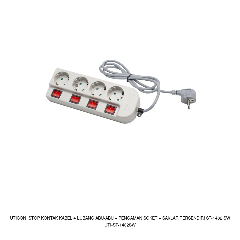 Uticon Uticon Stop Kontak Kabel 4 Lubang Abu-abu + Pengaman Soket + Saklar tersendiri ST-1482 SW