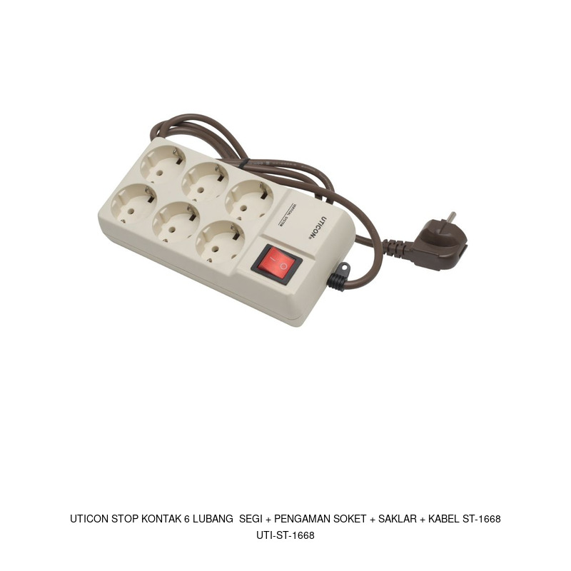 Uticon Uticon Stop Kontak 6 Lubang Segi + Pengaman Soket + Saklar + Kabel ST-1668