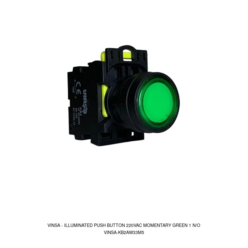 Vinsa Illuminated Push Button 220VAC Momentary Green 1 N/O